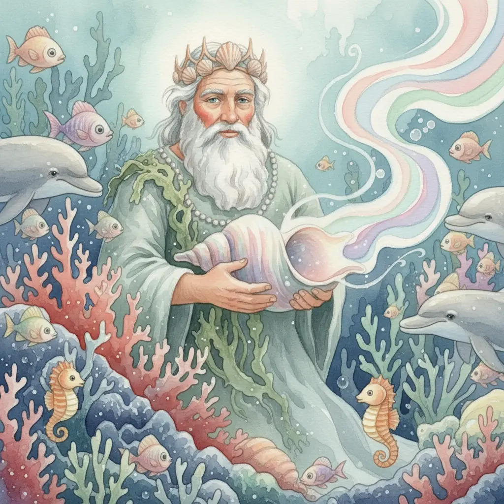 Poseidón sonríe rodeado de Conchas Susurradoras que brillan, mientras las criaturas marinas escuchan sus historias en paz.