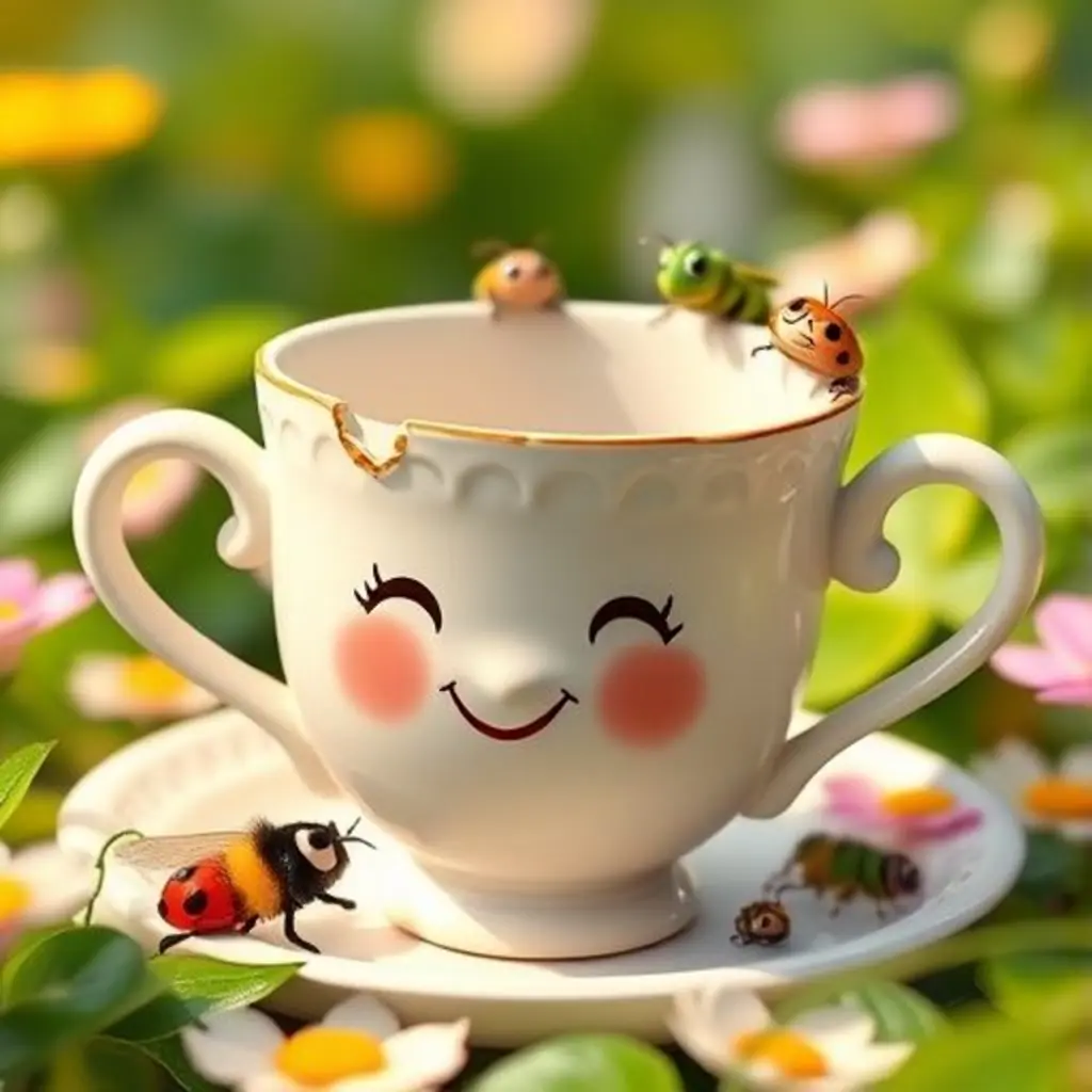 Tacita Bella feliz, rodeada de mariquitas, abejas y saltamontes que le susurran secretos en el jardín.