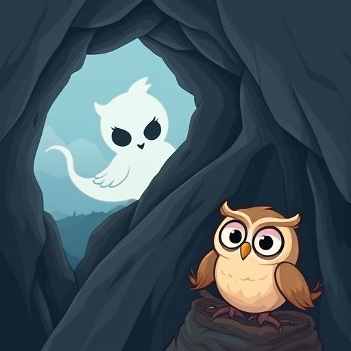 Don Grito, el eco tímido, se esconde en una cueva mientras un búho bebé se cae de su nido.