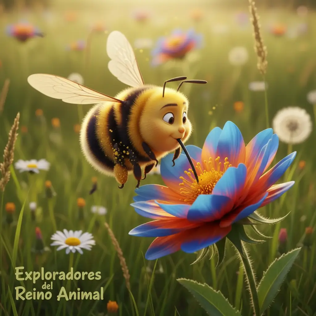 Zumbido, la abeja, está posada delicadamente sobre una flor grande, con sus patitas llenas de polen dorado.