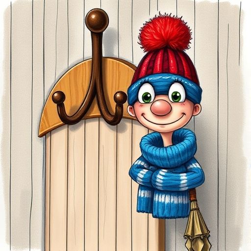 Gorro Lindo teje un arcoíris invisible para un Paraguas Viejo que sonríe ligeramente.