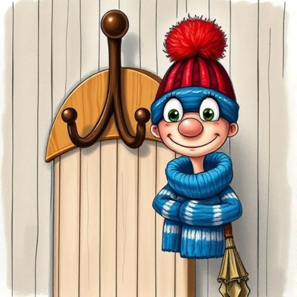 Gorro Lindo teje un arcoíris invisible para un Paraguas Viejo que sonríe ligeramente.