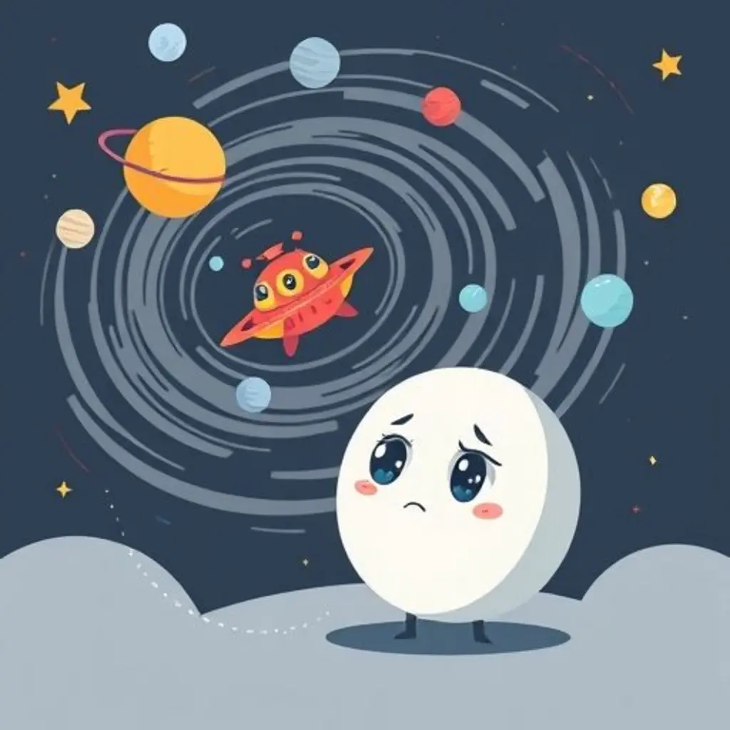 Lunita Polvo observa con preocupación un sueño infantil caótico, donde una nave espacial gira sin control y las estrellas parecen mareadas.