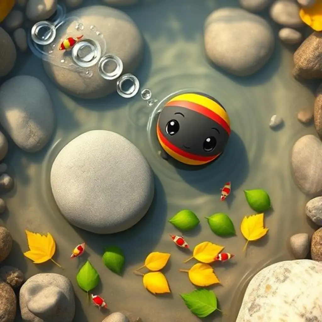 Rodillo, un guijarro de rayas de colores, chocando suavemente con otro guijarro para crear patrones de hojas en el agua, mientras peces de colores nadan contentos.