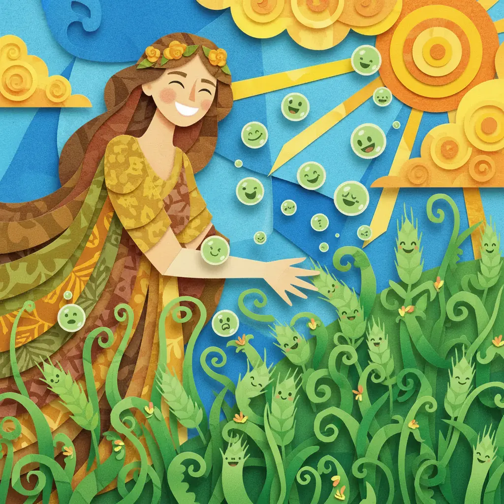 Todo el campo de Deméter está lleno de plantas que ríen y bailan, llenando el aire de alegría contagiosa.