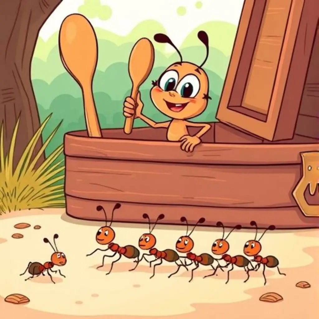 Palito dirige a las hormigas que marchan ordenadas con sus migas.