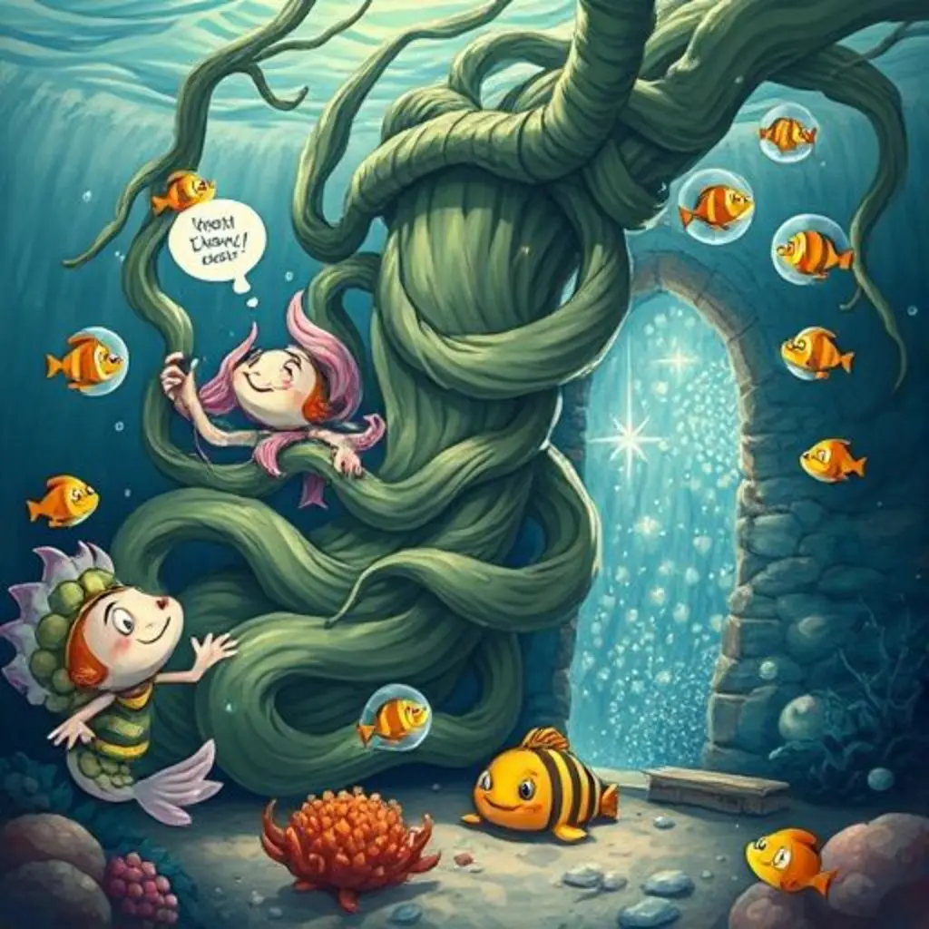 Los amigos marinos trabajan juntos para desenredar el alga gigante y liberar la cueva.