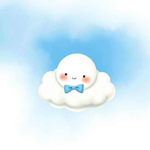 Nimbus, una nubecita blanca, flotando alto en el cielo azul, mirando hacia abajo con curiosidad.