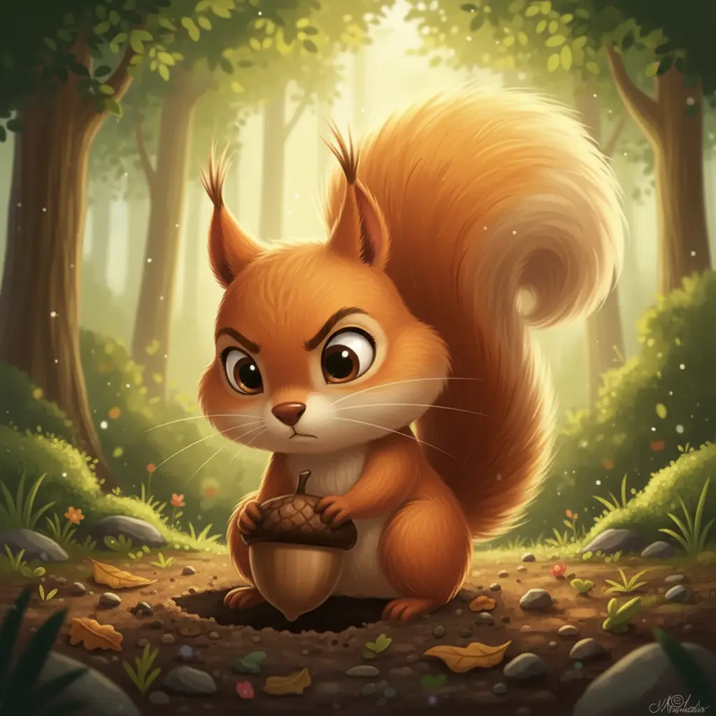 La ardilla Colita-Peluda entierra una nuez en la tierra del bosque.