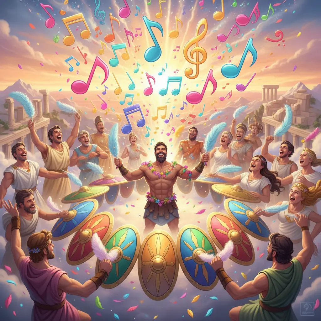 Todo el Olimpo celebra; dioses y diosas tocan los escudos vibrantes de Ares con plumas, mientras notas musicales llenan el aire.