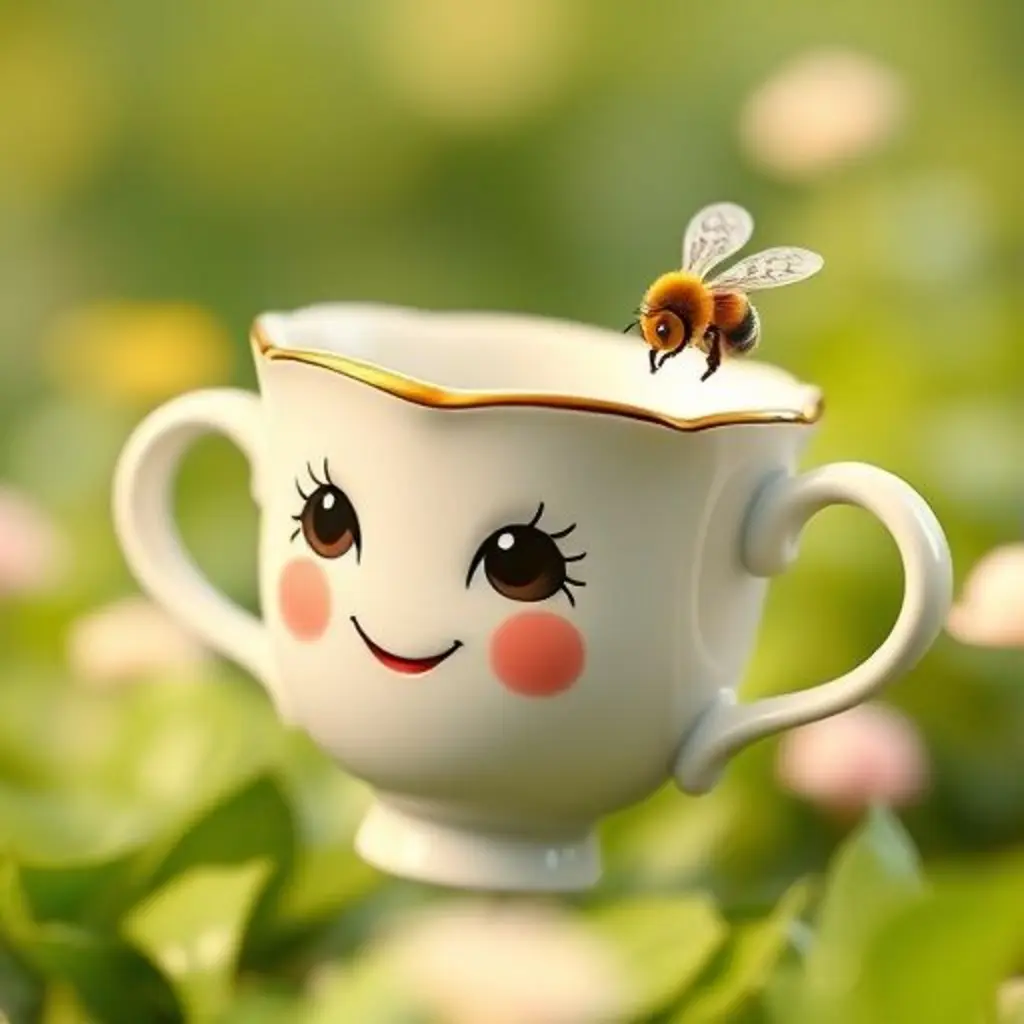 Primer plano de Tacita Bella escuchando atentamente a una abeja que le susurra un secreto.