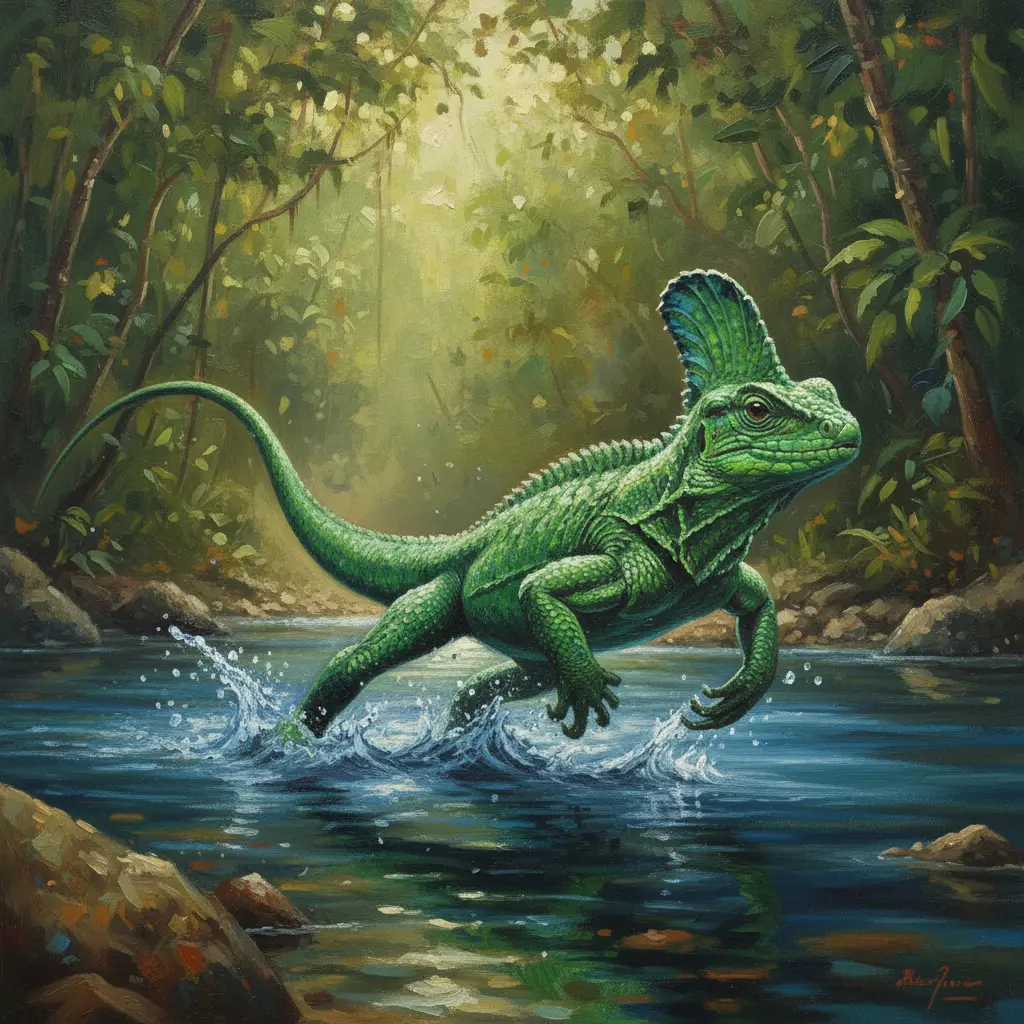 El basilisco corriendo velozmente sobre la superficie del agua del río, creando pequeñas salpicaduras rítmicas.