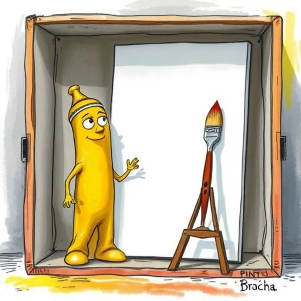 Pinta, un tubo de pintura amarillo, apretado en una caja de arte, mira una tela en blanco.
