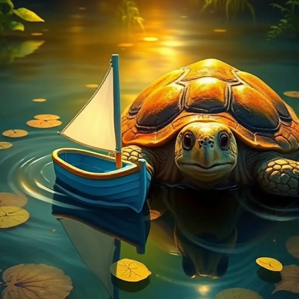 Barquito Azul, feliz y agradecido, junto a la tortuga sabia en el estanque.