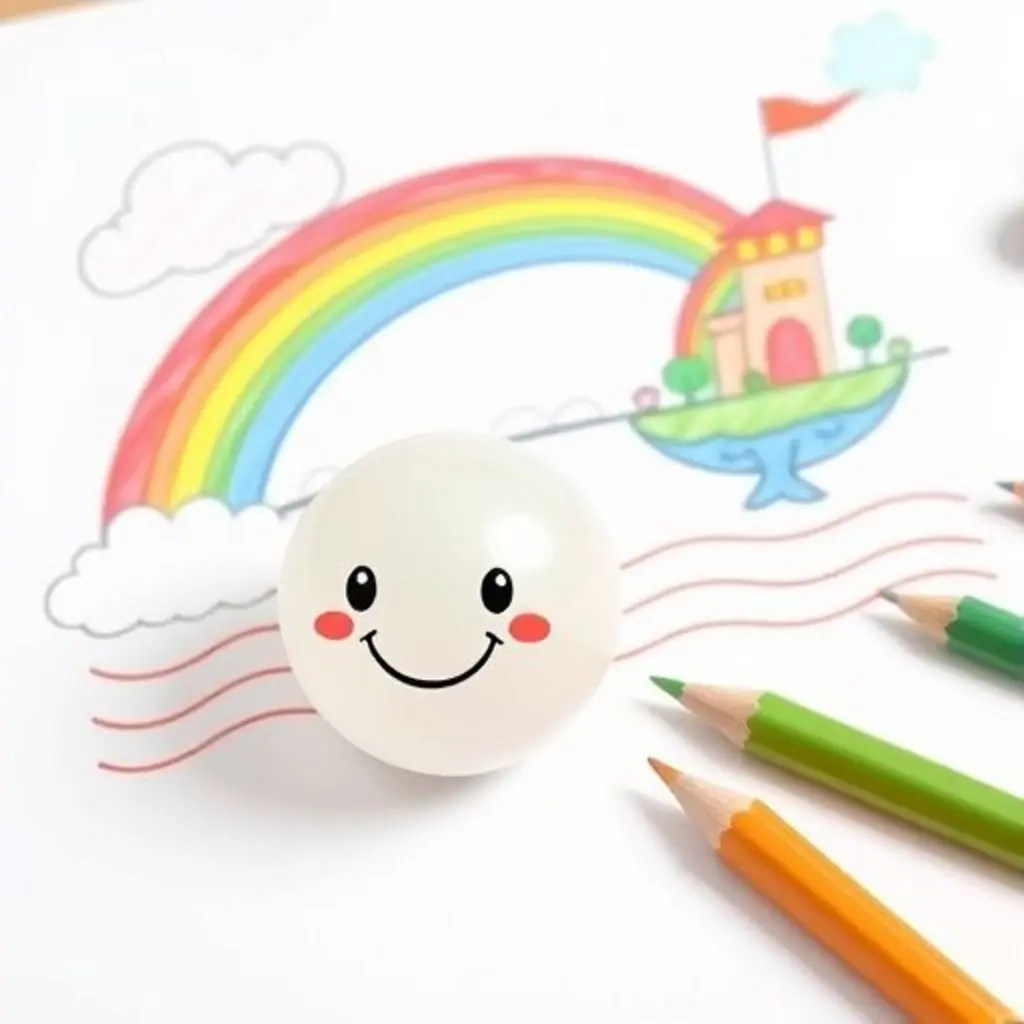 La cuenta Brillante creando un puente de arcoíris en un dibujo infantil, conectando un castillo de nubes con una isla de dragones.