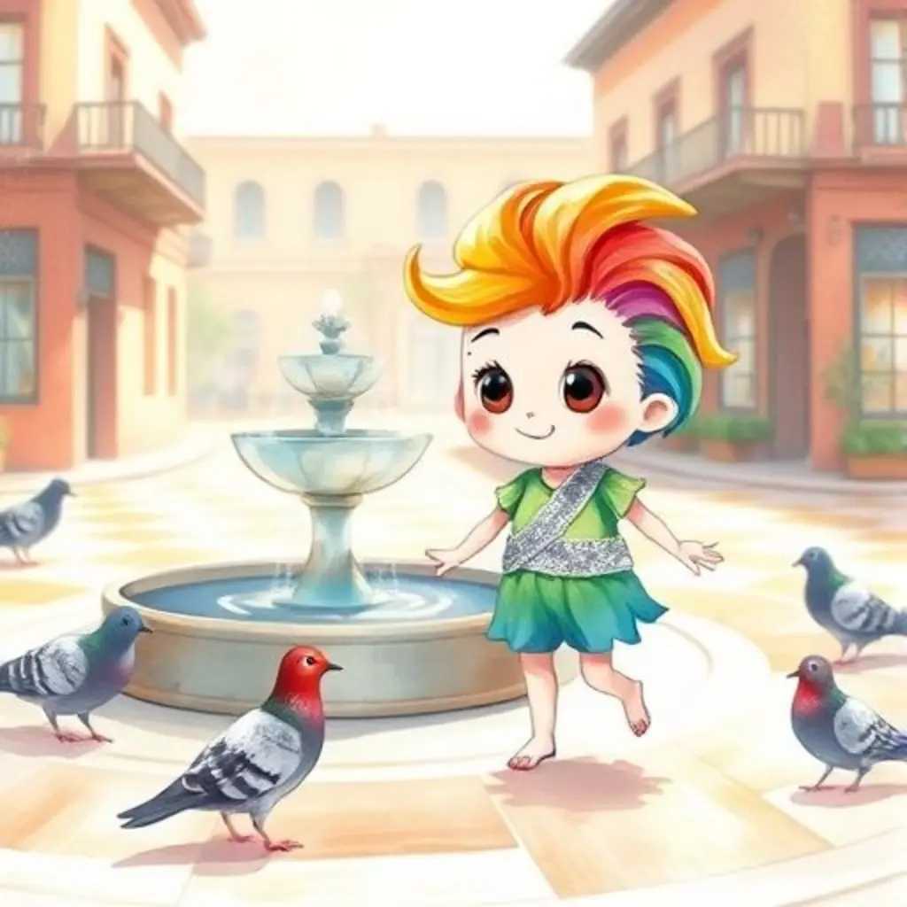 Ritin, el Rayito de Color, con una expresión preocupada en una plaza.