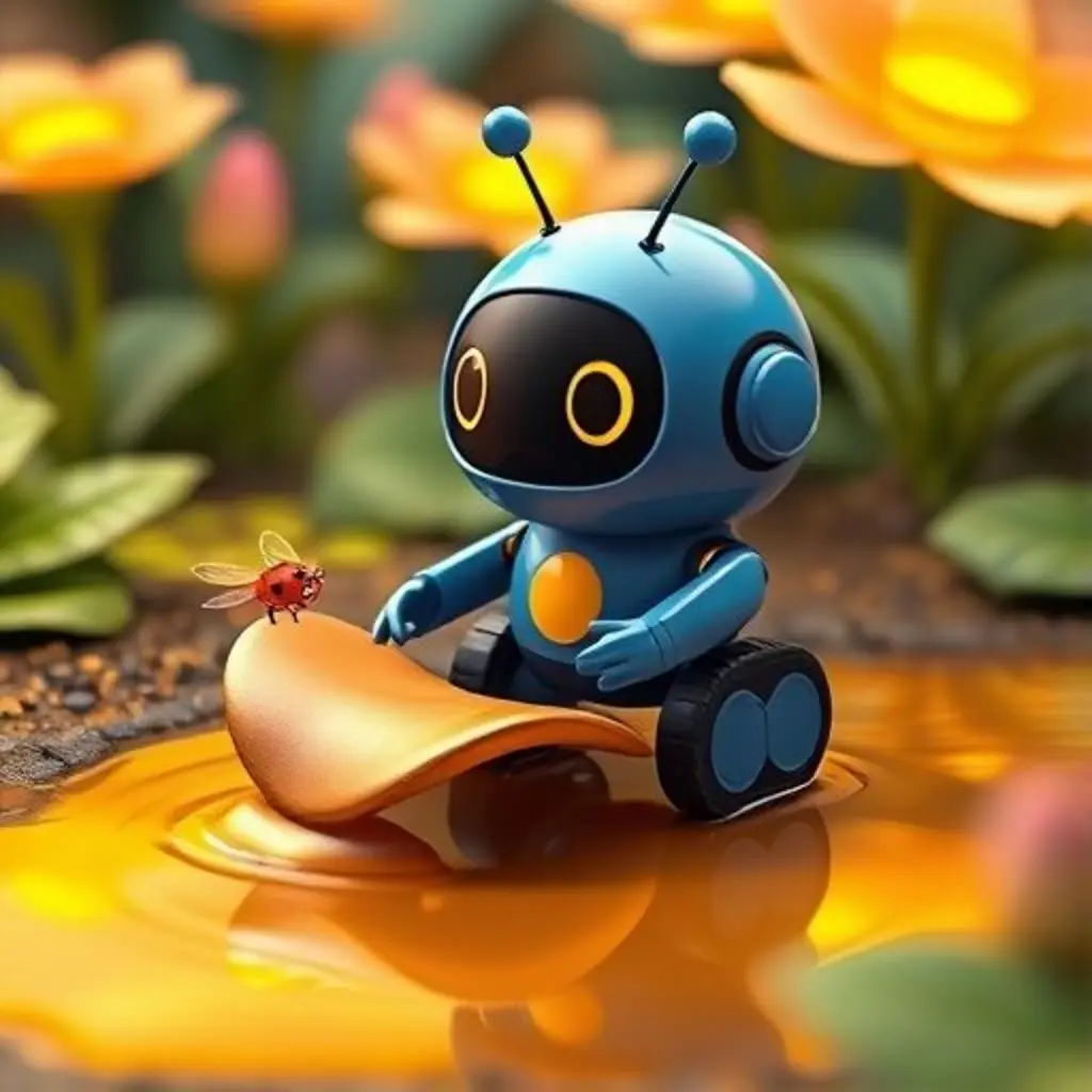 Rolo cruzando un charco con la ayuda de una Mariquita-Luz que le prestó una hoja.